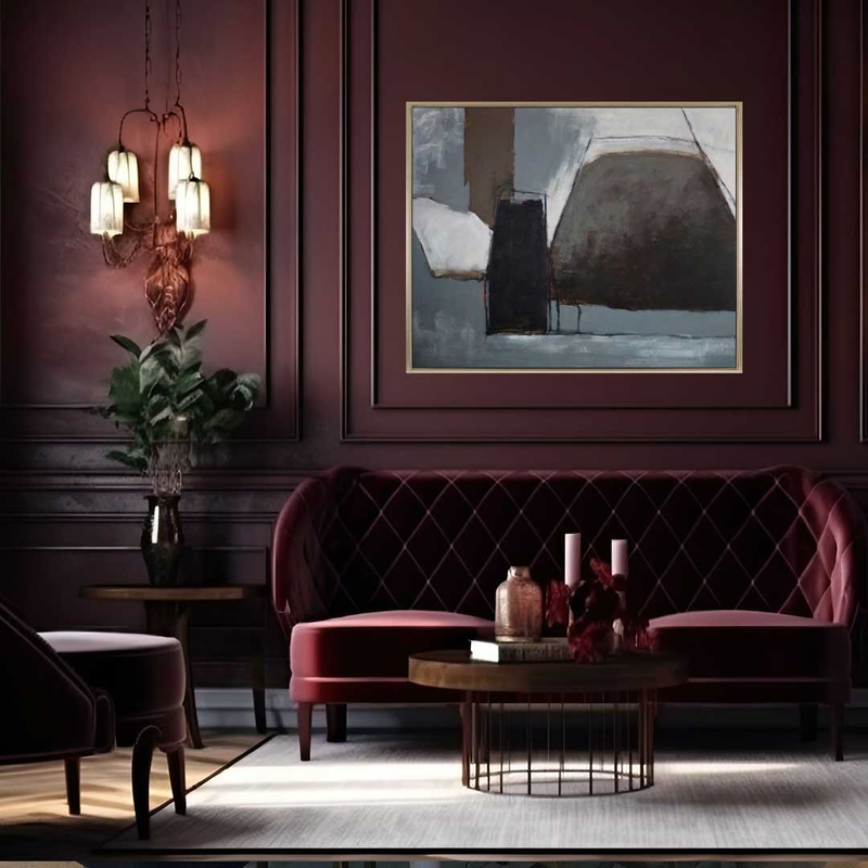 Bohemian burgundy style with sofa and artwork