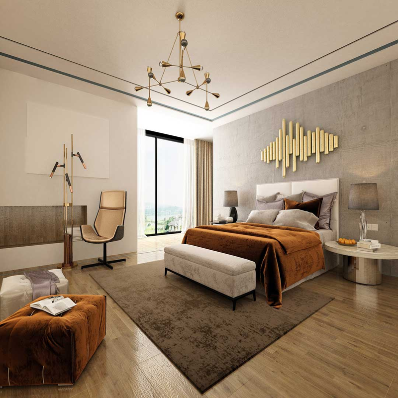 Gold home decor, ceiling modern chandelier and table lamps of bedroom