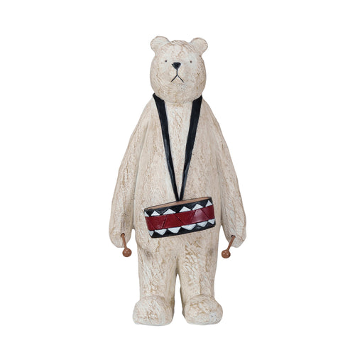 Design Shop Resin Bear w/ Drum, Wood Finish, Cream Color, Black & Red